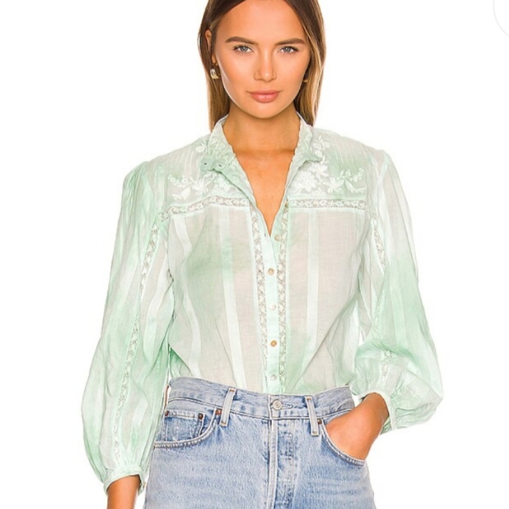 LoveShackFancy Ronda Top Jade Mist Hand Dye S